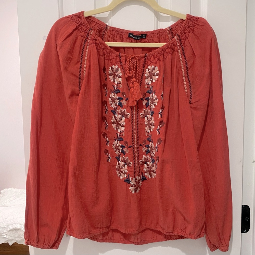 Orange/red flower embroidered blouse